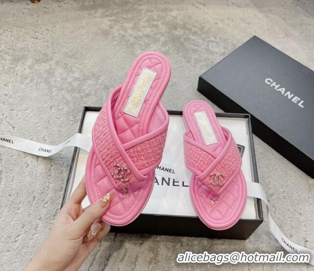 Good Looking Chanel Tweed Flat Thong Slide Sandals Pink 238205