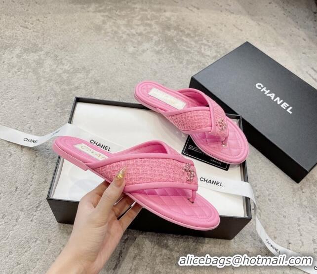 Good Looking Chanel Tweed Flat Thong Slide Sandals Pink 238205