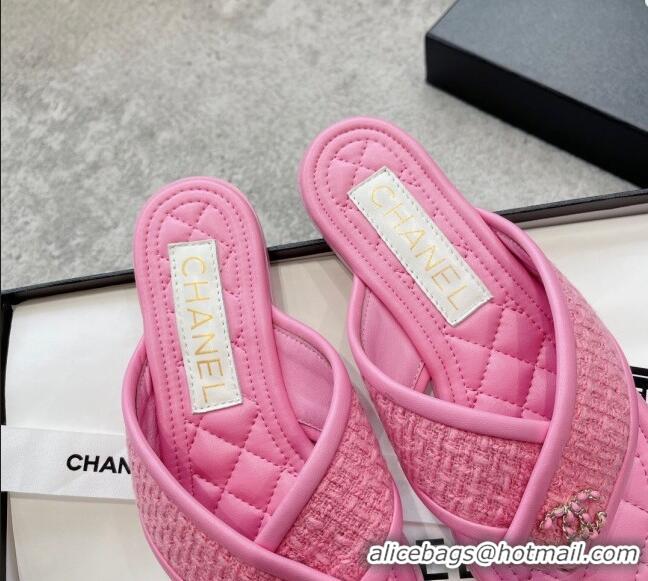 Good Looking Chanel Tweed Flat Thong Slide Sandals Pink 238205