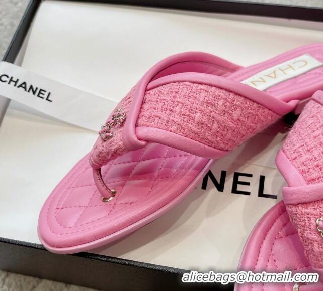 Good Looking Chanel Tweed Flat Thong Slide Sandals Pink 238205