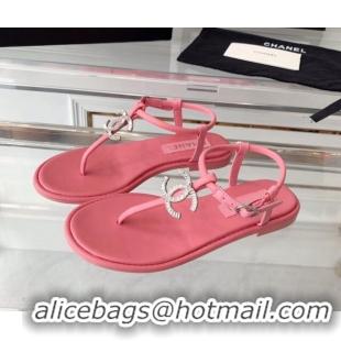 Grade Chanel Lambskin Flat Thong Sandals with Crystal CC G39728 Pink