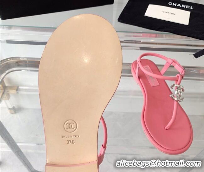 Grade Chanel Lambskin Flat Thong Sandals with Crystal CC G39728 Pink