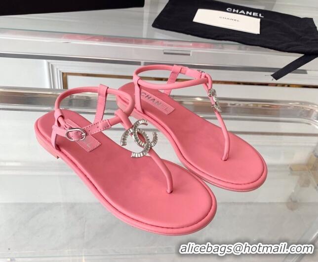 Grade Chanel Lambskin Flat Thong Sandals with Crystal CC G39728 Pink