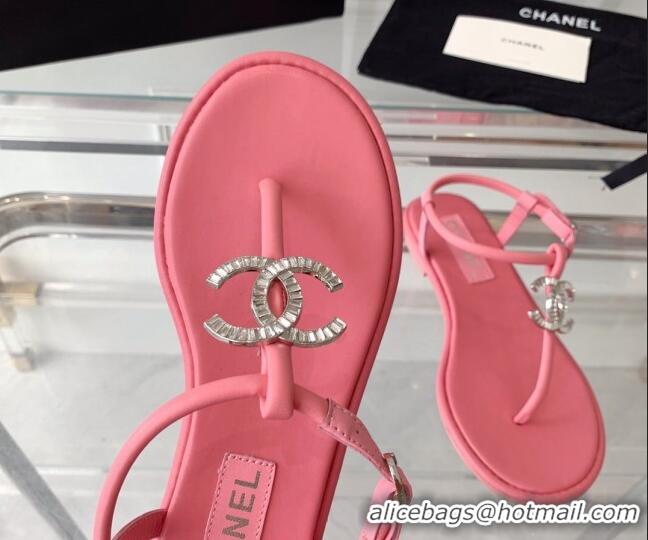 Grade Chanel Lambskin Flat Thong Sandals with Crystal CC G39728 Pink