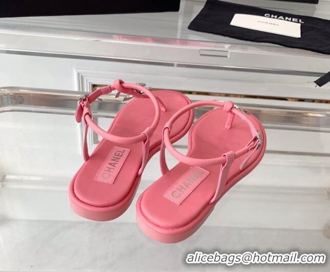 Grade Chanel Lambskin Flat Thong Sandals with Crystal CC G39728 Pink