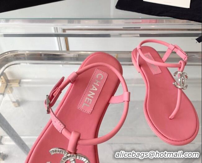 Grade Chanel Lambskin Flat Thong Sandals with Crystal CC G39728 Pink