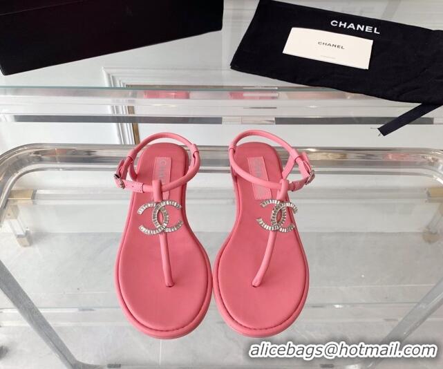 Grade Chanel Lambskin Flat Thong Sandals with Crystal CC G39728 Pink