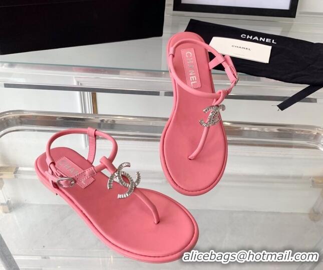 Grade Chanel Lambskin Flat Thong Sandals with Crystal CC G39728 Pink