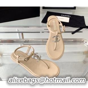 Hot Style Chanel Lambskin Flat Thong Sandals with Crystal CC G39728 Beige