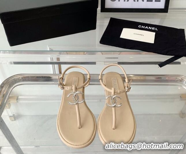 Hot Style Chanel Lambskin Flat Thong Sandals with Crystal CC G39728 Beige