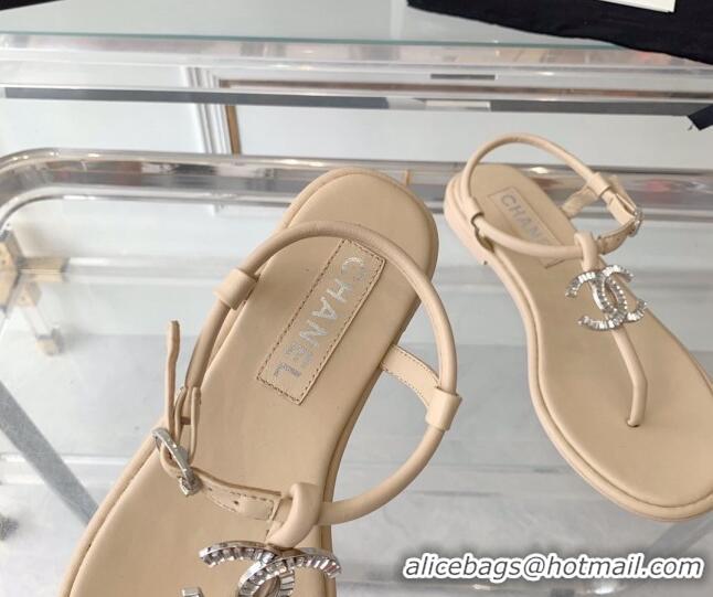 Hot Style Chanel Lambskin Flat Thong Sandals with Crystal CC G39728 Beige