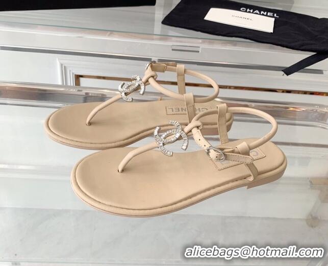 Hot Style Chanel Lambskin Flat Thong Sandals with Crystal CC G39728 Beige