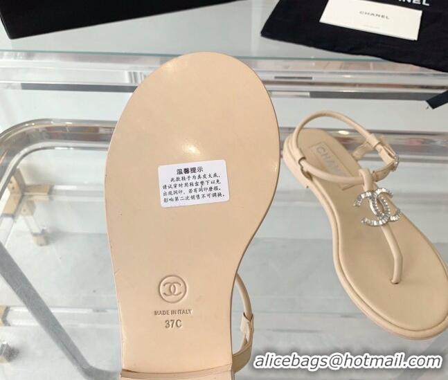 Hot Style Chanel Lambskin Flat Thong Sandals with Crystal CC G39728 Beige