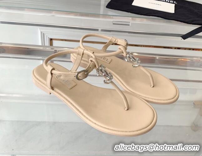 Hot Style Chanel Lambskin Flat Thong Sandals with Crystal CC G39728 Beige