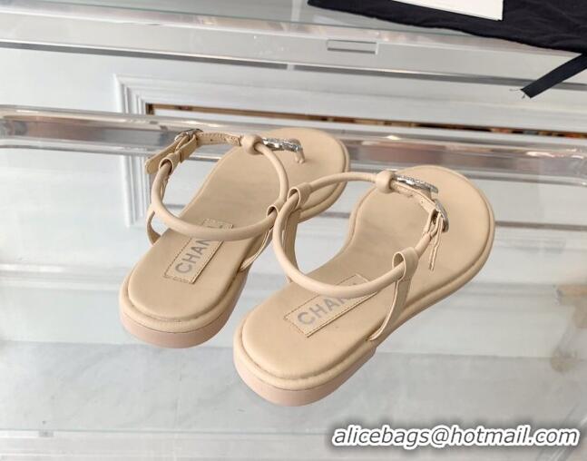 Hot Style Chanel Lambskin Flat Thong Sandals with Crystal CC G39728 Beige