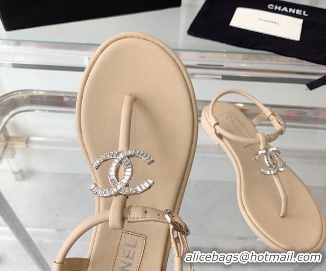 Hot Style Chanel Lambskin Flat Thong Sandals with Crystal CC G39728 Beige