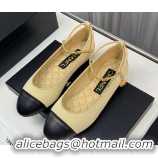 Classic Hot Chanel Fabric Ballet Flat with Chain Loop Beige 805021