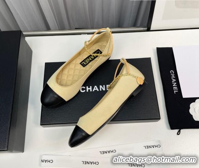 Classic Hot Chanel Fabric Ballet Flat with Chain Loop Beige 805021