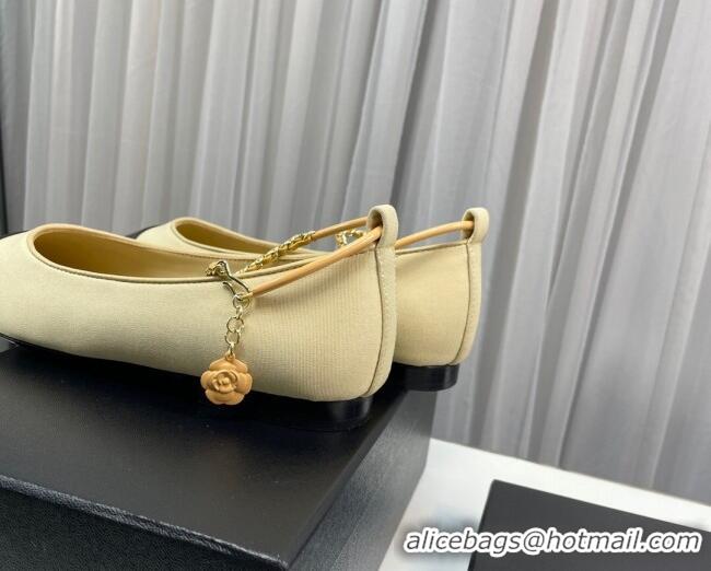 Classic Hot Chanel Fabric Ballet Flat with Chain Loop Beige 805021