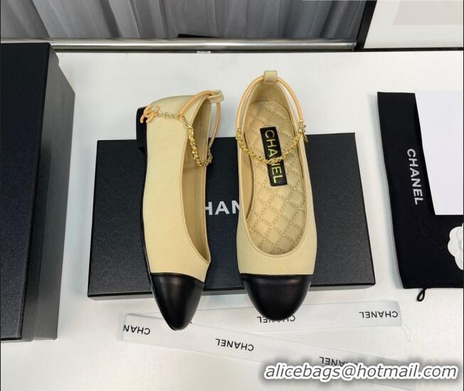 Classic Hot Chanel Fabric Ballet Flat with Chain Loop Beige 805021