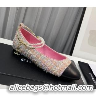 Top Grade Chanel Tweed Ballet Flat with Pearls Loop Pink 805023