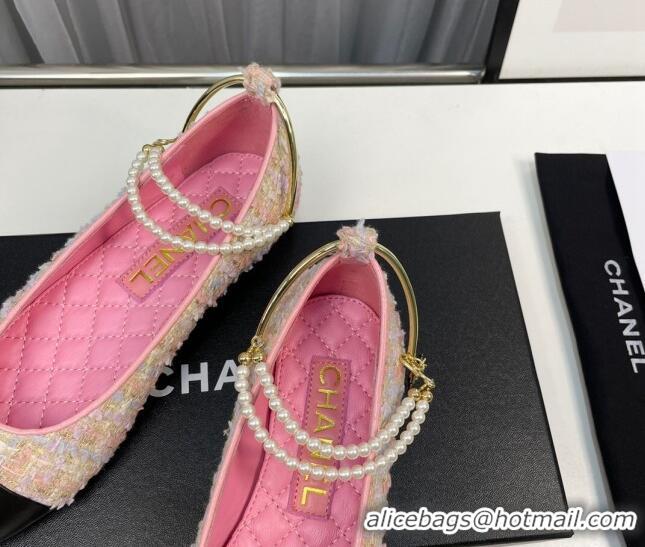 Top Grade Chanel Tweed Ballet Flat with Pearls Loop Pink 805023