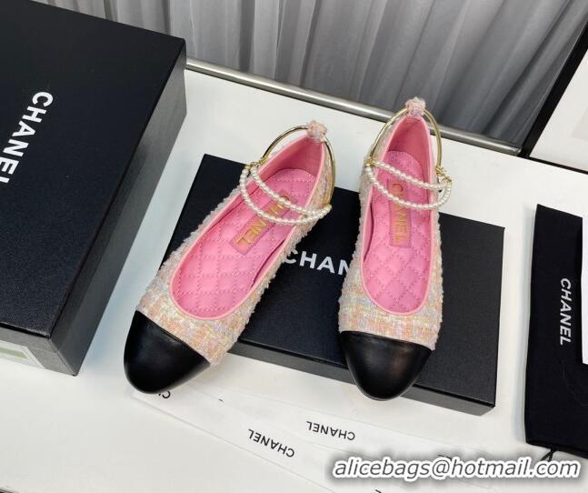 Top Grade Chanel Tweed Ballet Flat with Pearls Loop Pink 805023