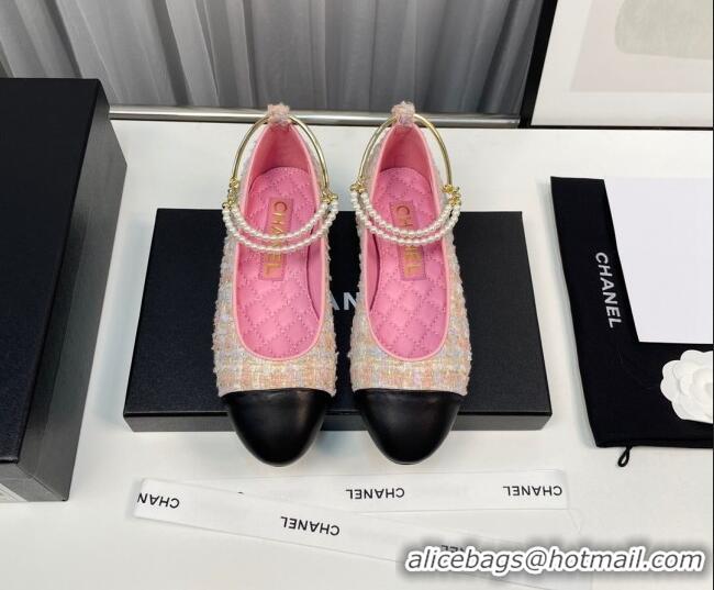 Top Grade Chanel Tweed Ballet Flat with Pearls Loop Pink 805023