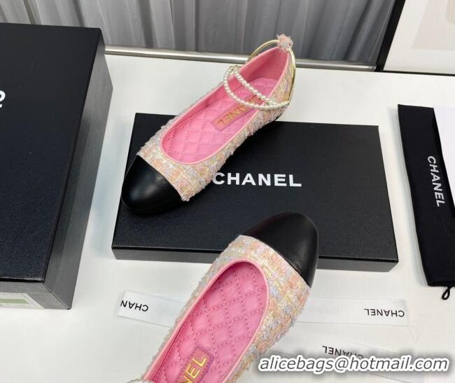 Top Grade Chanel Tweed Ballet Flat with Pearls Loop Pink 805023