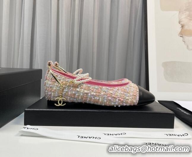 Top Grade Chanel Tweed Ballet Flat with Pearls Loop Pink 805023