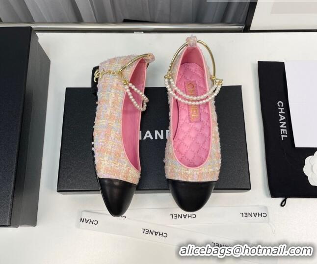 Top Grade Chanel Tweed Ballet Flat with Pearls Loop Pink 805023