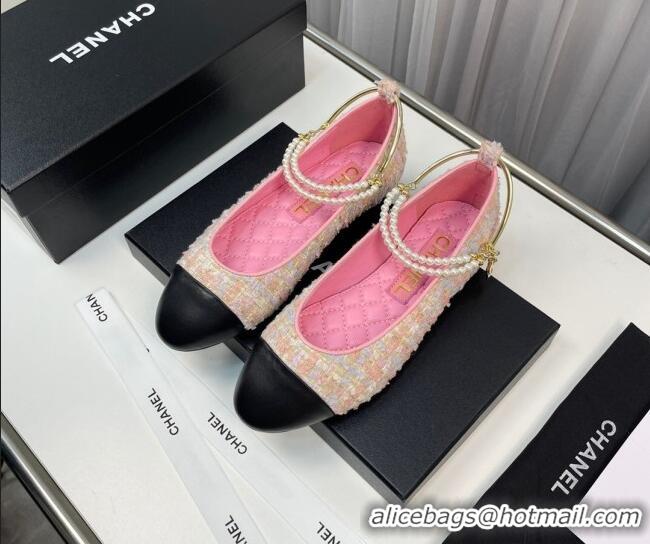 Top Grade Chanel Tweed Ballet Flat with Pearls Loop Pink 805023