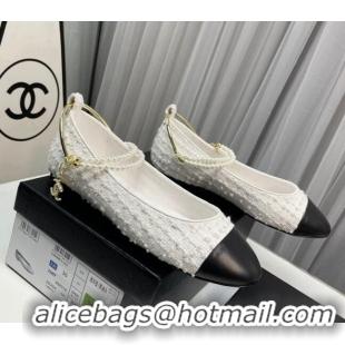 Good Looking Chanel Tweed Ballet Flat with Pearls Loop White 0805024