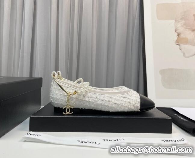 Good Looking Chanel Tweed Ballet Flat with Pearls Loop White 0805024