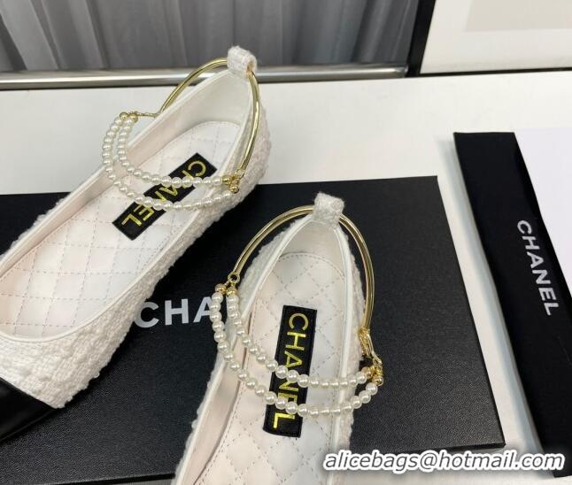 Good Looking Chanel Tweed Ballet Flat with Pearls Loop White 0805024