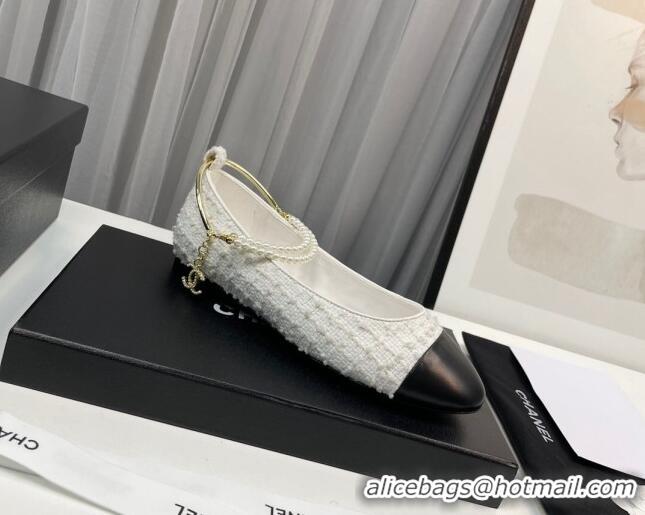 Good Looking Chanel Tweed Ballet Flat with Pearls Loop White 0805024