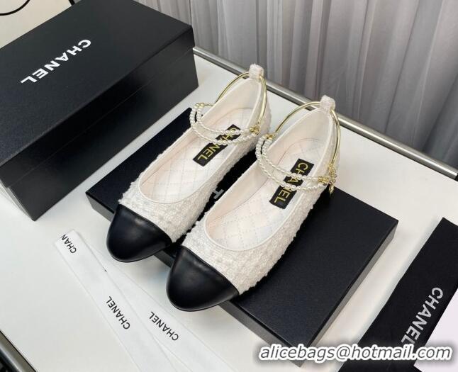 Good Looking Chanel Tweed Ballet Flat with Pearls Loop White 0805024