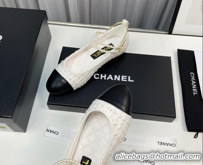 Good Looking Chanel Tweed Ballet Flat with Pearls Loop White 0805024