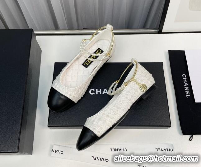 Good Looking Chanel Tweed Ballet Flat with Pearls Loop White 0805024