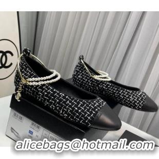 Popular Style Chanel Tweed Ballet Flat with Pearls Loop Black 805025