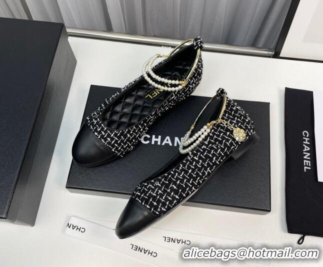 Popular Style Chanel Tweed Ballet Flat with Pearls Loop Black 805025