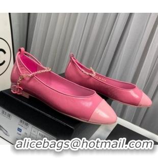 Unique Style Chanel Shiny Calfskin Ballet Flat with Chain Loop Pink 805026