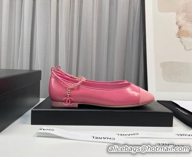 Unique Style Chanel Shiny Calfskin Ballet Flat with Chain Loop Pink 805026