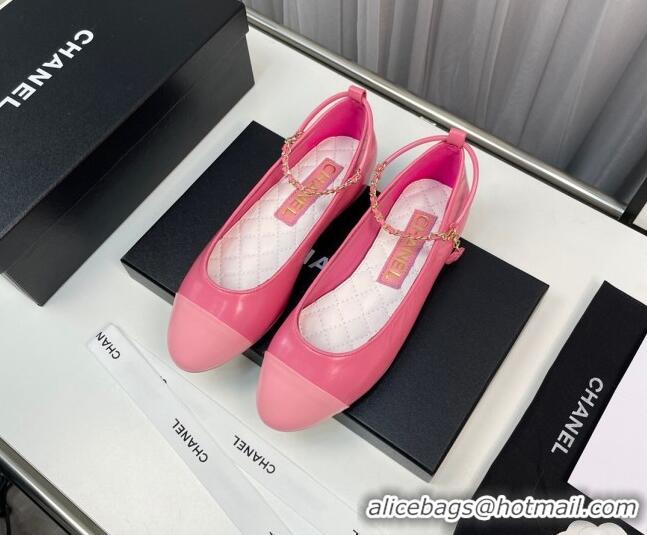 Unique Style Chanel Shiny Calfskin Ballet Flat with Chain Loop Pink 805026