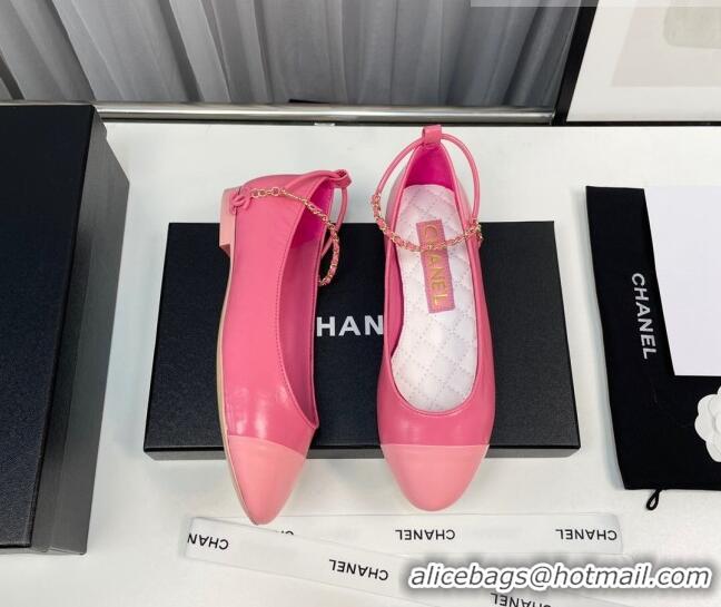 Unique Style Chanel Shiny Calfskin Ballet Flat with Chain Loop Pink 805026