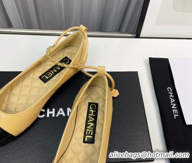 Most Popular Chanel Shiny Calfskin Ballet Flat with Chain Loop Beige 805028