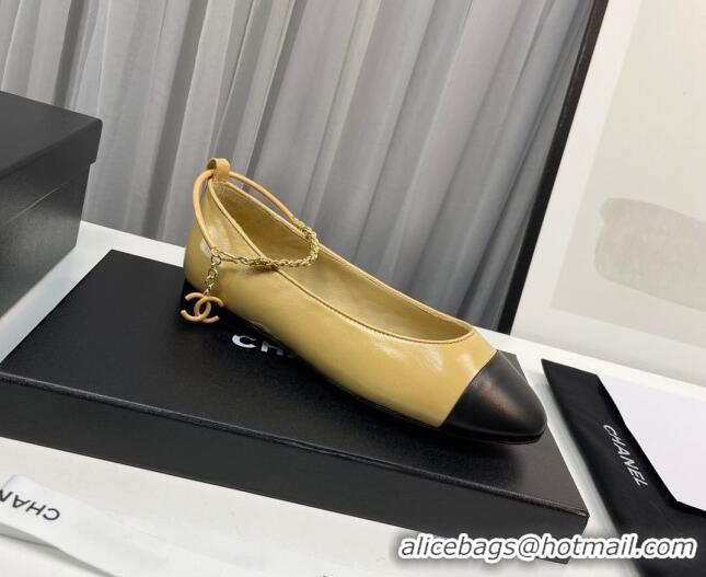 Most Popular Chanel Shiny Calfskin Ballet Flat with Chain Loop Beige 805028