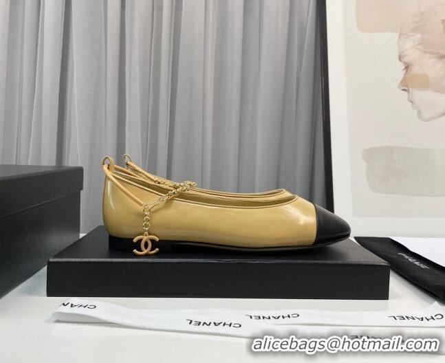 Most Popular Chanel Shiny Calfskin Ballet Flat with Chain Loop Beige 805028