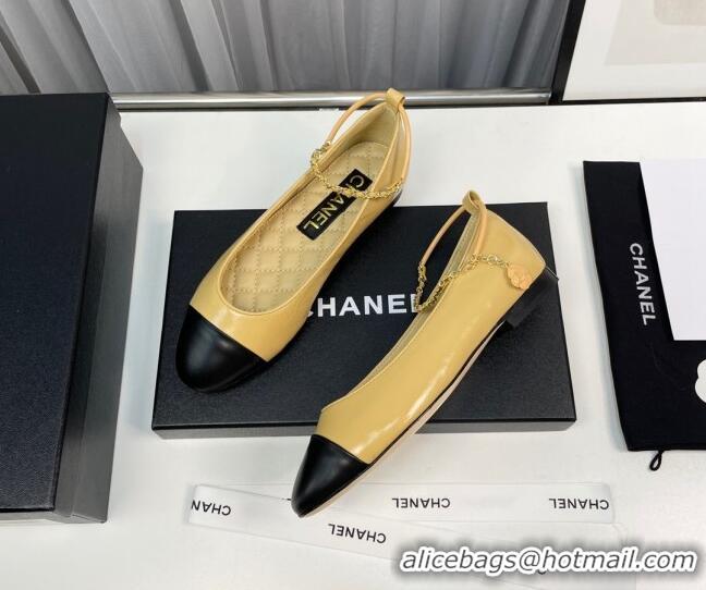 Most Popular Chanel Shiny Calfskin Ballet Flat with Chain Loop Beige 805028