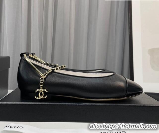 Shop Duplicate Chanel Lambskin & Shiny Calfskin Ballet Flat with Chain Loop Black 805029